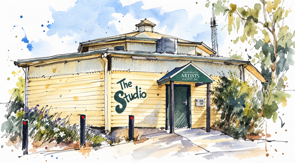 Pen and Wash illustration of The Studio, Home of Wangaratta Artists Society